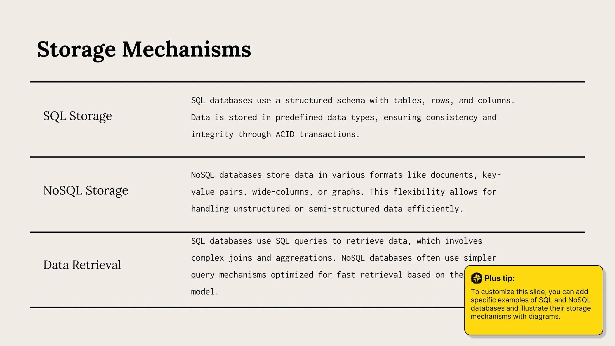 Storage Mechanisms
SQL databases use a structured schema with tables, rows, and columns.
Data is stored in predefined data types, ensuring consistency and
integrity through ACID transactions.
NoSQL databases store data in various formats like documents, key-
value pairs, wide-columns, or graphs. This flexibility allows for
handling unstructured or semi-structured data efficiently.
SQL Storage
NoSQL Storage
Data Retrieval
SQL databases use SQL queries to retrieve data, which involves
complex joins and aggregations. NoSQL databases often use simpler
query mechanisms optimized for fast retrieval based on the storage
model.
Plus tip:
To customize this slide, you can add
specific examples of SQL and NoSQL
databases and illustrate their storage
mechanisms with diagrams.
 