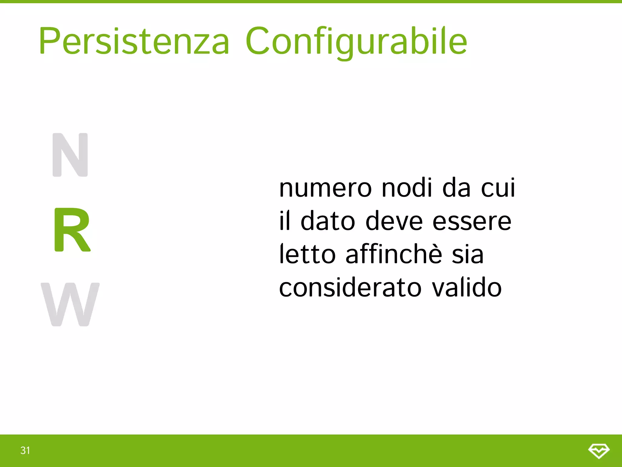 Persistenza Configurabile


     N            numero nodi da cui
     R            il dato deve essere
                  letto affinchè sia

     W            considerato valido




31
 