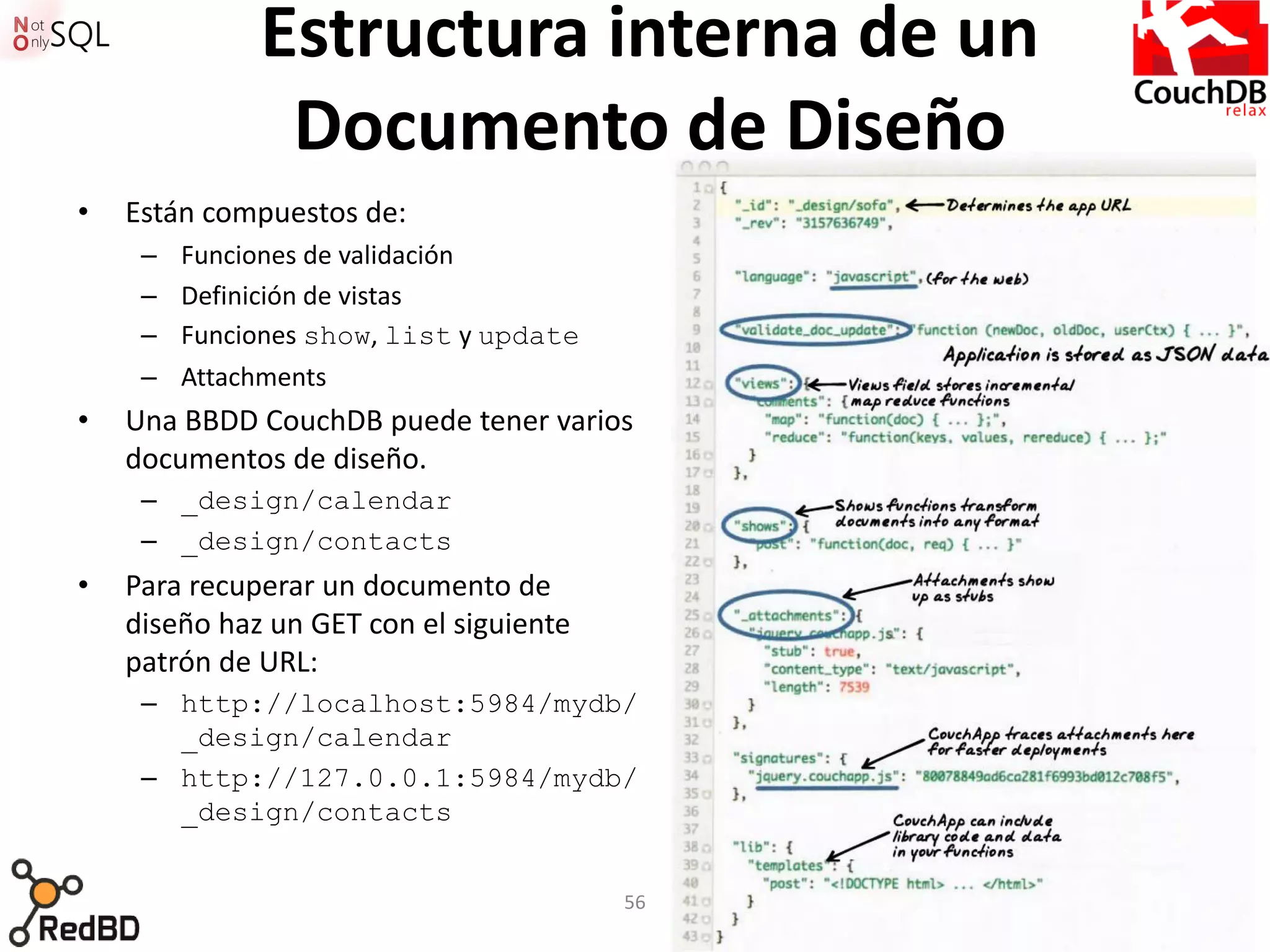 Estructura interna de un
               Documento de Diseño
•   Están compuestos de:
     –   Funciones de validación
     –   Definición de vistas
     –   Funciones show, list y update
     –   Attachments
•   Una BBDD CouchDB puede tener varios
    documentos de diseño.
     – _design/calendar
     – _design/contacts
•   Para recuperar un documento de
    diseño haz un GET con el siguiente
    patrón de URL:
     – http://localhost:5984/mydb/
       _design/calendar
     – http://127.0.0.1:5984/mydb/
       _design/contacts


                                         56
 