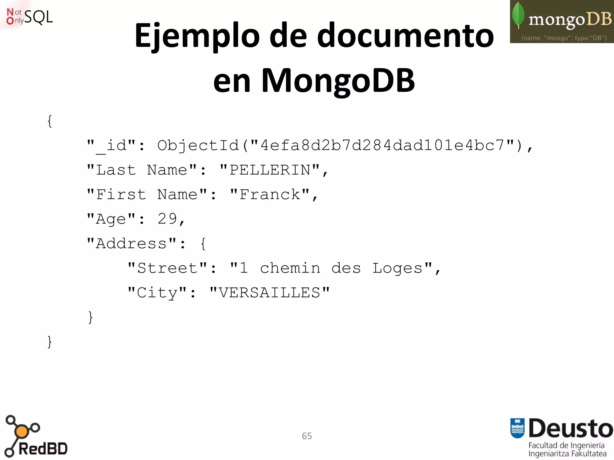 Ejemplo de documento
            en MongoDB
{
    "_id": ObjectId("4efa8d2b7d284dad101e4bc7"),
    "Last Name": "PELLERIN",
    "First Name": "Franck",
    "Age": 29,
    "Address": {
        "Street": "1 chemin des Loges",
        "City": "VERSAILLES"
    }
}




                         65
 