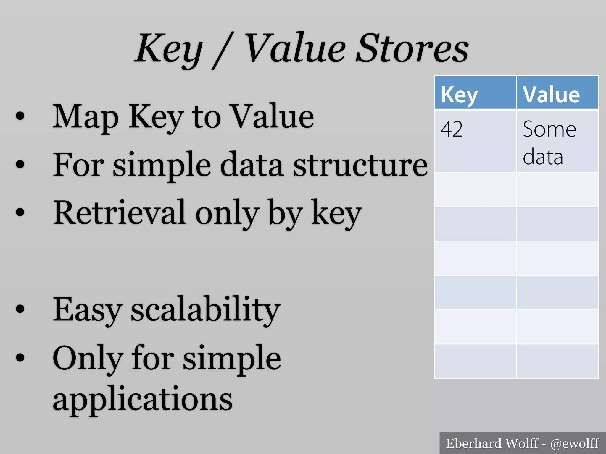 Eberhard Wolff - @ewolff
Key / Value Stores
•  Map Key to Value
•  For simple data structure
•  Retrieval only by key
•  Easy scalability
•  Only for simple
applications
Key Value
42 Some
data
 