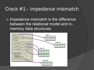 Crack #1– impedance mismatch


Impedance mismatch is the difference
between the relational model and inmemory data structures

 