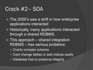 Crack #2– SOA
The 2000’s saw a shift in how enterprise
applications interacted
 Historically, many applications interacted
through a shared RDBMS.
 This approach – shared integration
RDBMS – has serious problems


 Overly complex schema
 Cant change tables or add indices easily
 Database has to preserve integrity

 