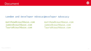 ©2014  Couchbase  Inc.
Document
14
London
matthew@couchbase.com
james@couchbase.com
laura@couchbase.com
Developer Advocacy
matthew@couchbase.com
james@couchbase.com
laura@couchbase.com
London and Developer Advocacy
matthew@couchbase.com
james@couchbase.com
laura@couchbase.com
 