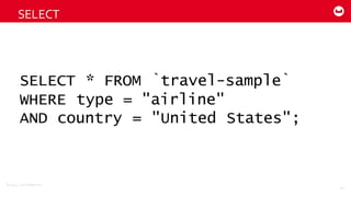 ©2014  Couchbase  Inc.
SELECT
50
SELECT * FROM `travel-sample`
WHERE type = "airline"
AND country = "United States";
 