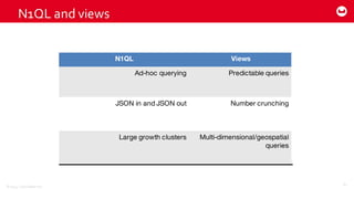 ©2014  Couchbase  Inc.
N1QL  and  views
61
N1QL Views
Ad-hoc querying Predictable queries
JSON in and JSON out Number crunching
Large growth clusters Multi-dimensional/geospatial
queries
 