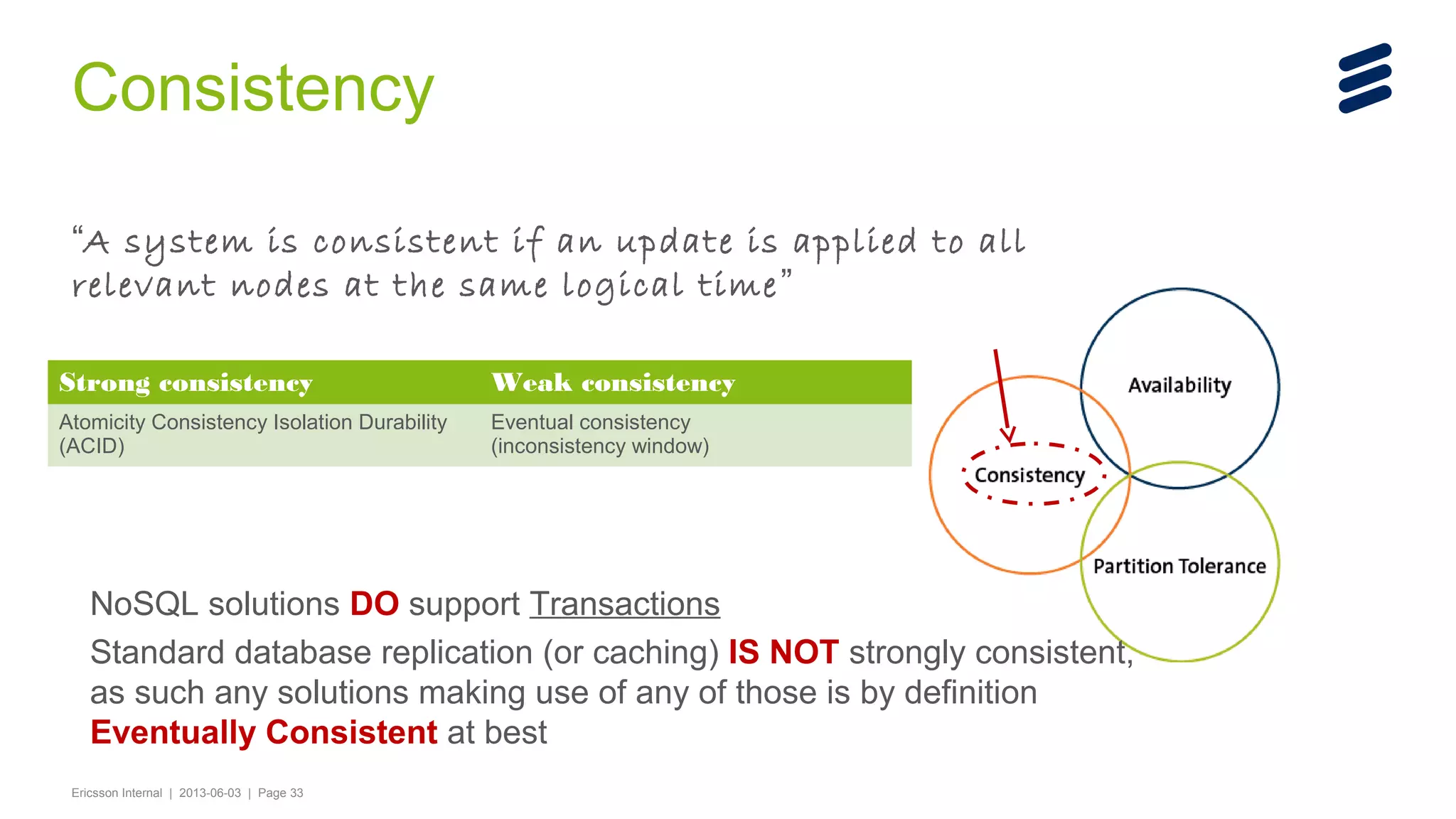 Consistency
“A system is consistent if an update is applied to all
relevant nodes at the same logical time ”
Strong consistency

Weak consistency

Atomicity Consistency Isolation Durability
(ACID)

Eventual consistency
(inconsistency window)

NoSQL solutions DO support Transactions
Standard database replication (or caching) IS NOT strongly consistent,
as such any solutions making use of any of those is by definition
Eventually Consistent at best
Ericsson Internal | 2013-06-03 | Page 33

 