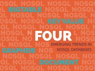 OSQL NOSQL NOSQL NOSQL
QL BIGTABLE NOSQL NOSQL
QL NOSQL NOSQL NOSQL N
OSQL NOSQL KEY VALUE NO
SQL NOSQL NOSQL NOSQL N
NOSQL NOSQL NOSQL NOS
NOSQL NOSQL NOSQL NOSQ
QL NOSQL NOSQL NOSQL NO
GRAPHDB NOSQL NOSQL N
NOSQL NOSQL NOSQL NOS
OSQL NOSQL NOSQL NOSQL
SQL NOSQL DOCUMENT NOS
FOUREMERGING TRENDS IN
NOSQL DATABASES
 
