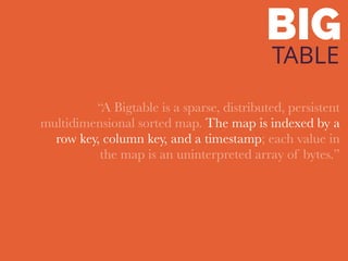 BIG
TABLE
“A Bigtable is a sparse, distributed, persistent
multidimensional sorted map. The map is indexed by a
row key, column key, and a timestamp; each value in
the map is an uninterpreted array of bytes.”
 