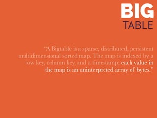 BIG
TABLE
“A Bigtable is a sparse, distributed, persistent
multidimensional sorted map. The map is indexed by a
row key, column key, and a timestamp; each value in
the map is an uninterpreted array of bytes.”
 