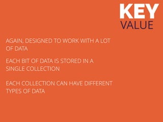 KEY
VALUE
AGAIN, DESIGNED TO WORK WITH A LOT
OF DATA
EACH BIT OF DATA IS STORED IN A
SINGLE COLLECTION
EACH COLLECTION CAN HAVE DIFFERENT
TYPES OF DATA
 