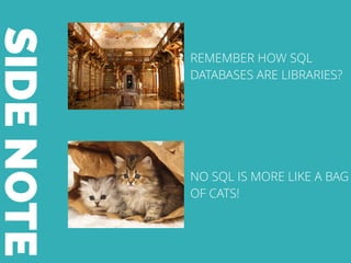 SIDENOTE
REMEMBER HOW SQL
DATABASES ARE LIBRARIES?
NO SQL IS MORE LIKE A BAG
OF CATS!
 