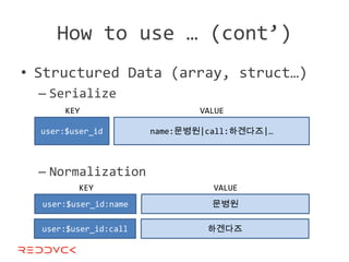 How to use … (cont’)
• Structured Data (array, struct…)
  – Serialize
       KEY                     VALUE

  user:$user_id        name:문병원|call:하겐다즈|…



  – Normalization
          KEY                    VALUE
  user:$user_id:name             문병원

  user:$user_id:call            하겐다즈
 