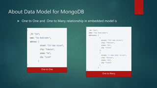 About Data Model for MongoDB
 One to One and One to Many relationship in embedded model is
One to One
One to Many
 