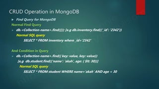 CRUD Operation in MongoDB
 Find Query for MongoDB
Normal Find Query
 db.<Collection-name>.find({}); [e.g db.inventory.find({‘_id’: ‘2342’})
Normal SQL query
SELECT * FROM inventory where _id=‘2342’
And Condition in Query
 db.<Collection-name>.find({ key: value, key: value})
[e,g db.student.find({‘name’: ‘akah’, age: { $lt: 30})]
Normal SQL query
SELECT * FROM student WHERE name=‘akah’ AND age < 30
 