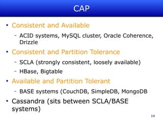 CAP
●
    Consistent and Available
    –   ACID systems, MySQL cluster, Oracle Coherence,
        Drizzle
●
    Consistent and Partition Tolerance
    –   SCLA (strongly consistent, loosely available)
    –   HBase, Bigtable
●
    Available and Partition Tolerant
    –   BASE systems (CouchDB, SimpleDB, MongoDB
●
    Cassandra (sits between SCLA/BASE
    systems)
                                                        14
 