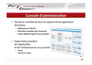 Console	
  d’administra0on	
  
•  Permet	
  le	
  contrôle	
  de	
  tous	
  les	
  aspects	
  d’une	
  applica<on	
  
   distribuée:	
  
     –  Déploiement	
  /	
  Retrait	
  
     –  Alloca0on	
  et	
  ges0on	
  des	
  ressources	
  	
  
     –  Arrêt	
  /	
  Redémarrage	
  de	
  tout	
  ou	
  par0e	
  


•  Supervision	
  proac<ve	
  
   de	
  l’applica<on	
  
   et	
  de	
  l’infrastructure	
  sous	
  jacente:	
  
     –  Alertes	
  	
  
     –  Indicateurs	
  visuels	
  
 