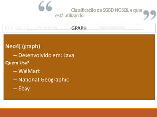 Classificação de SGBD NOSQL e quem
está utilizando
Neo4j (graph)
– Desenvolvido em: Java
Quem Usa?
– WalMart
– National Geographic
– Ebay
KEY VALUE COLUMN GRAPH DOCUMENTKEY VALUE COLUMN GRAPH DOCUMENT
 