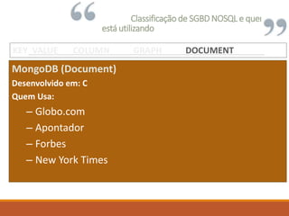 Classificação de SGBD NOSQL e quem
está utilizando
MongoDB (Document)
Desenvolvido em: C
Quem Usa:
– Globo.com
– Apontador
– Forbes
– New York Times
KEY VALUE COLUMN GRAPH DOCUMENT
 