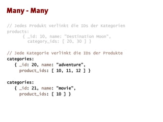 // Jedes Produkt verlinkt die IDs der Kategorien
products:
{ _id: 10, name: "Destination Moon",
category_ids: [ 20, 30 ] }
// Jede Kategorie verlinkt die IDs der Produkte
categories:
{ _id: 20, name: "adventure",
product_ids: [ 10, 11, 12 ] }
categories:
{ _id: 21, name: "movie",
product_ids: [ 10 ] }
 