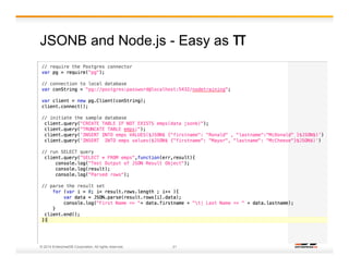 JSONB and Node.js - Easy as π 
• Simple Demo of Node.js to Postgres cnnection 
© 2014 EnterpriseDB Corporation. All rights reserved. 21 
 