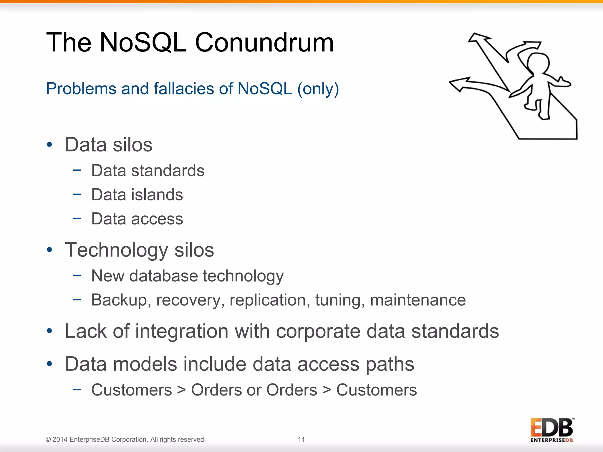 © 2014 EnterpriseDB Corporation. All rights reserved. 11
Problems and fallacies of NoSQL (only)
The NoSQL Conundrum
• Data silos
− Data standards
− Data islands
− Data access
• Technology silos
− New database technology
− Backup, recovery, replication, tuning, maintenance
• Lack of integration with corporate data standards
• Data models include data access paths
− Customers > Orders or Orders > Customers
 