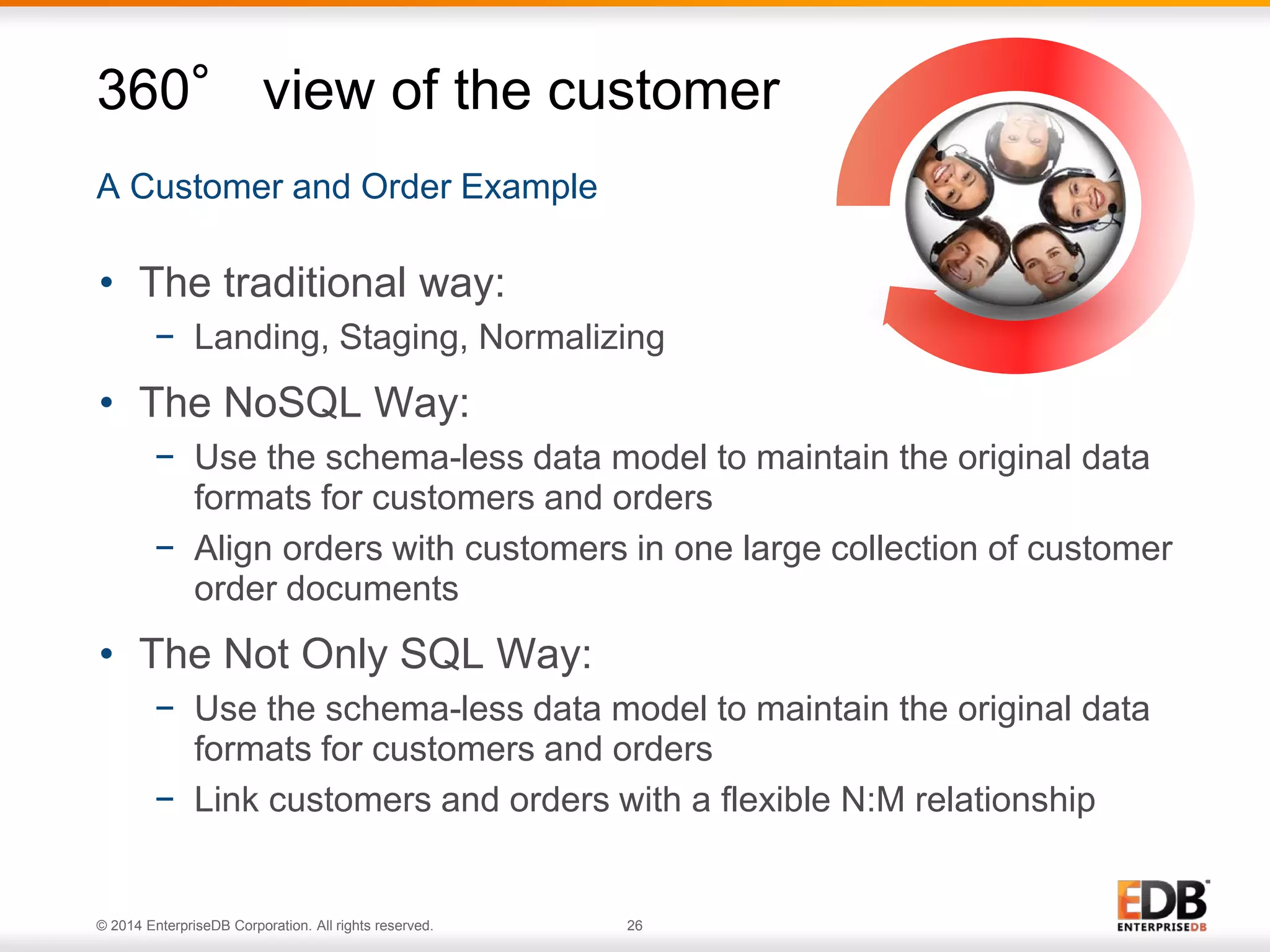 © 2014 EnterpriseDB Corporation. All rights reserved. 26
A Customer and Order Example
360° view of the customer
• The traditional way:
− Landing, Staging, Normalizing
• The NoSQL Way:
− Use the schema-less data model to maintain the original data
formats for customers and orders
− Align orders with customers in one large collection of customer
order documents
• The Not Only SQL Way:
− Use the schema-less data model to maintain the original data
formats for customers and orders
− Link customers and orders with a flexible N:M relationship
 