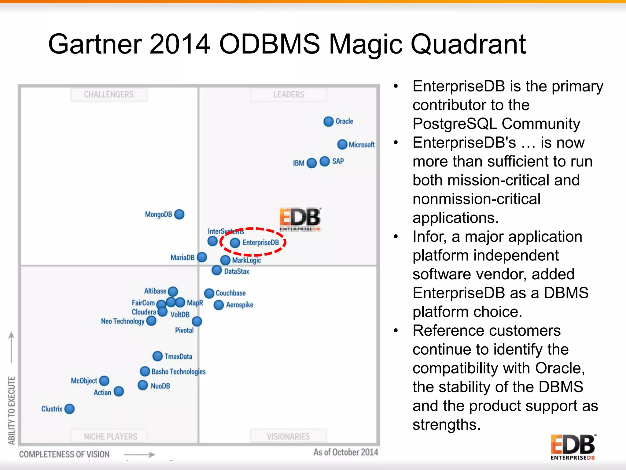 © 2014 EnterpriseDB Corporation. All rights reserved. 7
Gartner 2014 ODBMS Magic Quadrant
• EnterpriseDB is the primary
contributor to the
PostgreSQL Community
• EnterpriseDB's … is now
more than sufficient to run
both mission-critical and
nonmission-critical
applications.
• Infor, a major application
platform independent
software vendor, added
EnterpriseDB as a DBMS
platform choice.
• Reference customers
continue to identify the
compatibility with Oracle,
the stability of the DBMS
and the product support as
strengths.
 