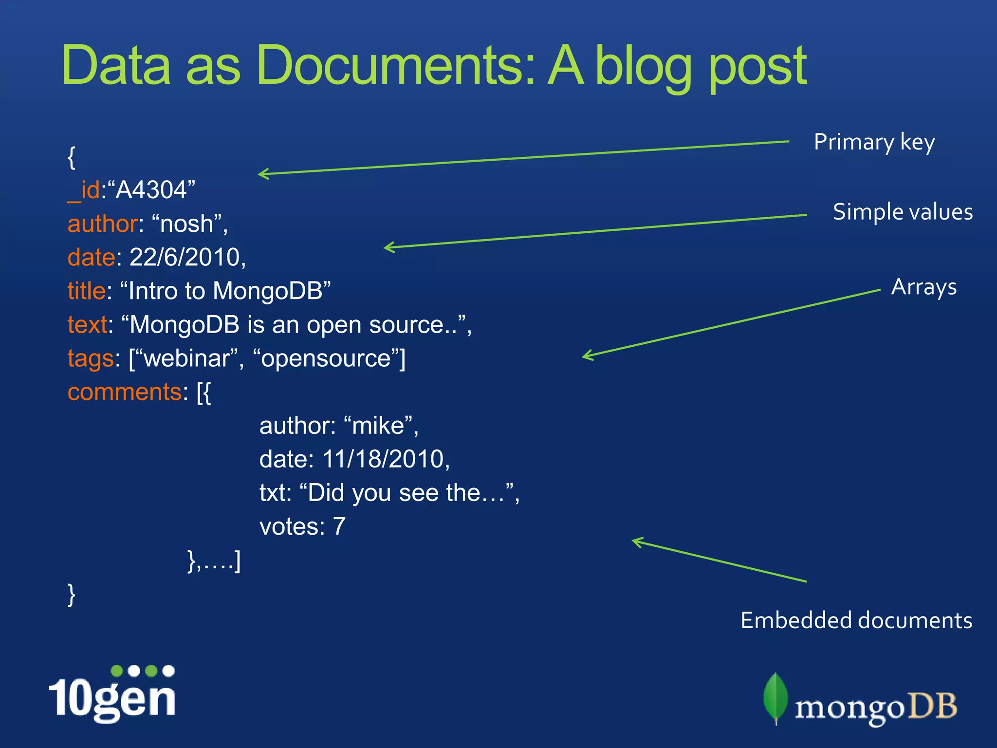 Data as Documents: A blog post
                                                    Primary key
{
_id:“A4304”
                                                      Simple values
author: “nosh”,
date: 22/6/2010,
title: “Intro to MongoDB”                                  Arrays
text: “MongoDB is an open source..”,
tags: [“webinar”, “opensource”]
comments: [{
                    author: “mike”,
                    date: 11/18/2010,
                    txt: “Did you see the…”,
                    votes: 7
              },….]
}
                                               Embedded documents
 
