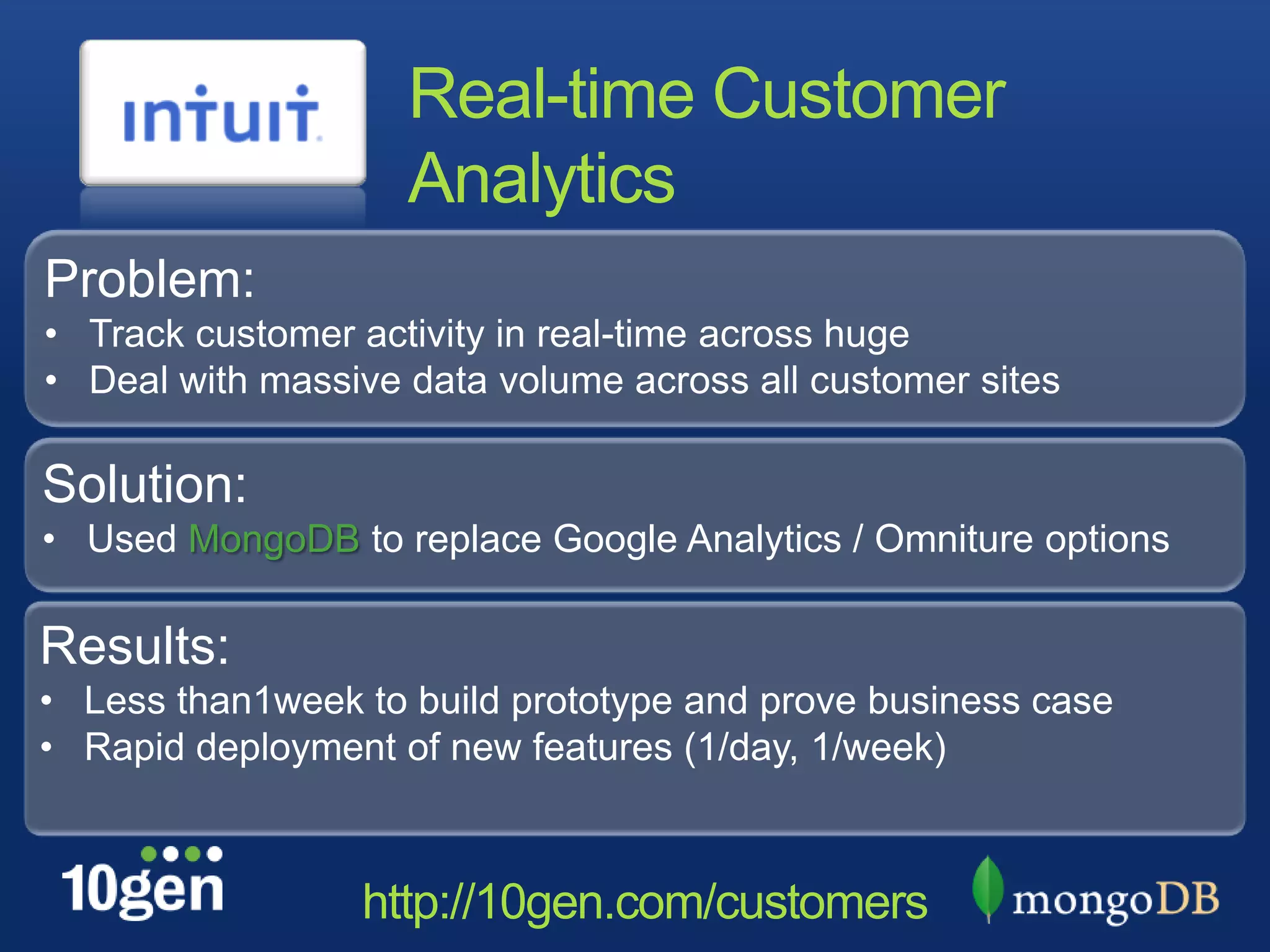 Real-time Customer
                    Analytics
Problem:
• Track customer activity in real-time across huge
• Deal with massive data volume across all customer sites

Solution:
• Used MongoDB to replace Google Analytics / Omniture options

Results:
• Less than1week to build prototype and prove business case
• Rapid deployment of new features (1/day, 1/week)



                 http://10gen.com/customers
 