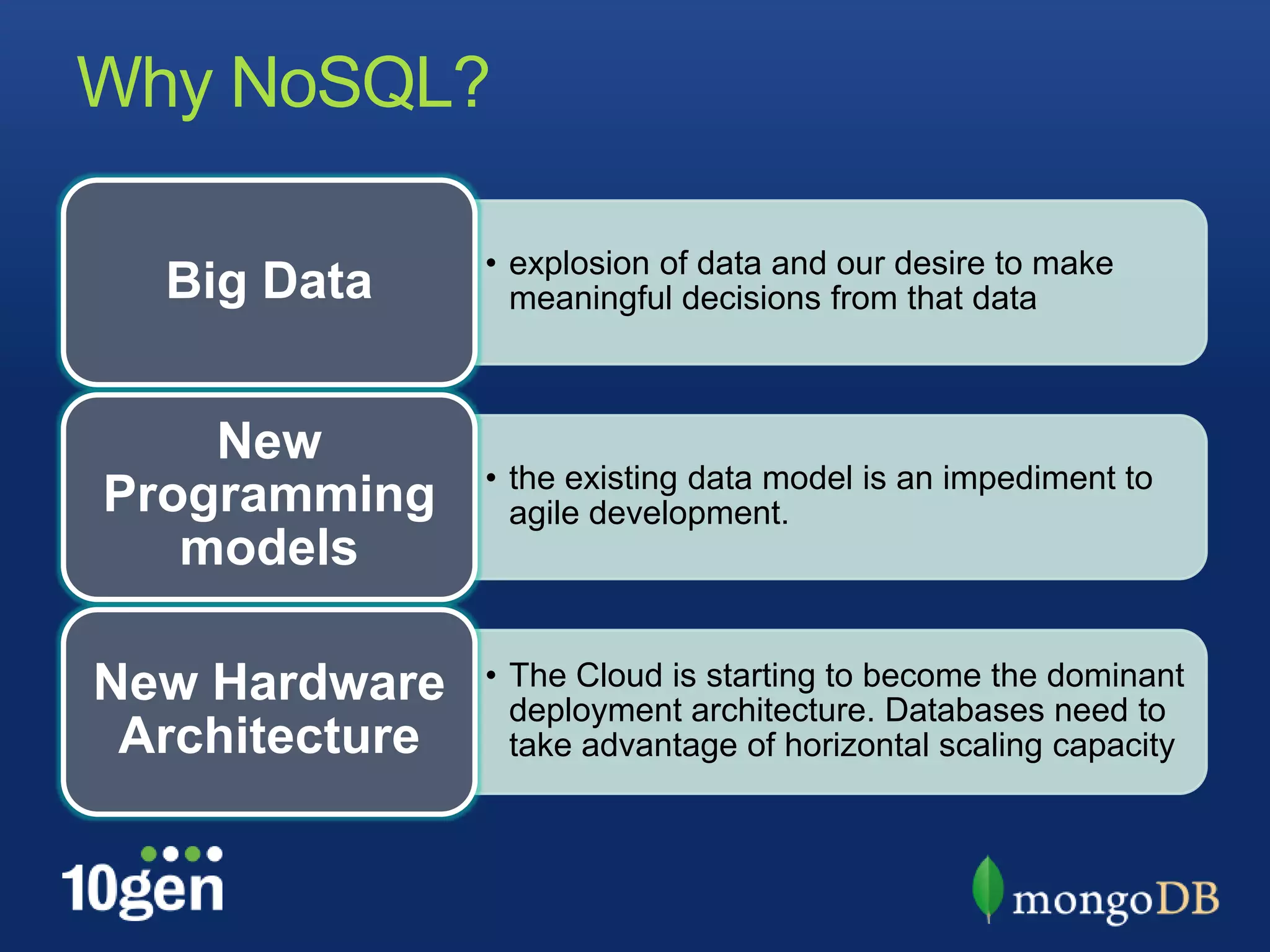 Why NoSQL?

                • explosion of data and our desire to make
  Big Data        meaningful decisions from that data



    New
                • the existing data model is an impediment to
Programming       agile development.
   models

New Hardware    • The Cloud is starting to become the dominant
                  deployment architecture. Databases need to
 Architecture     take advantage of horizontal scaling capacity
 