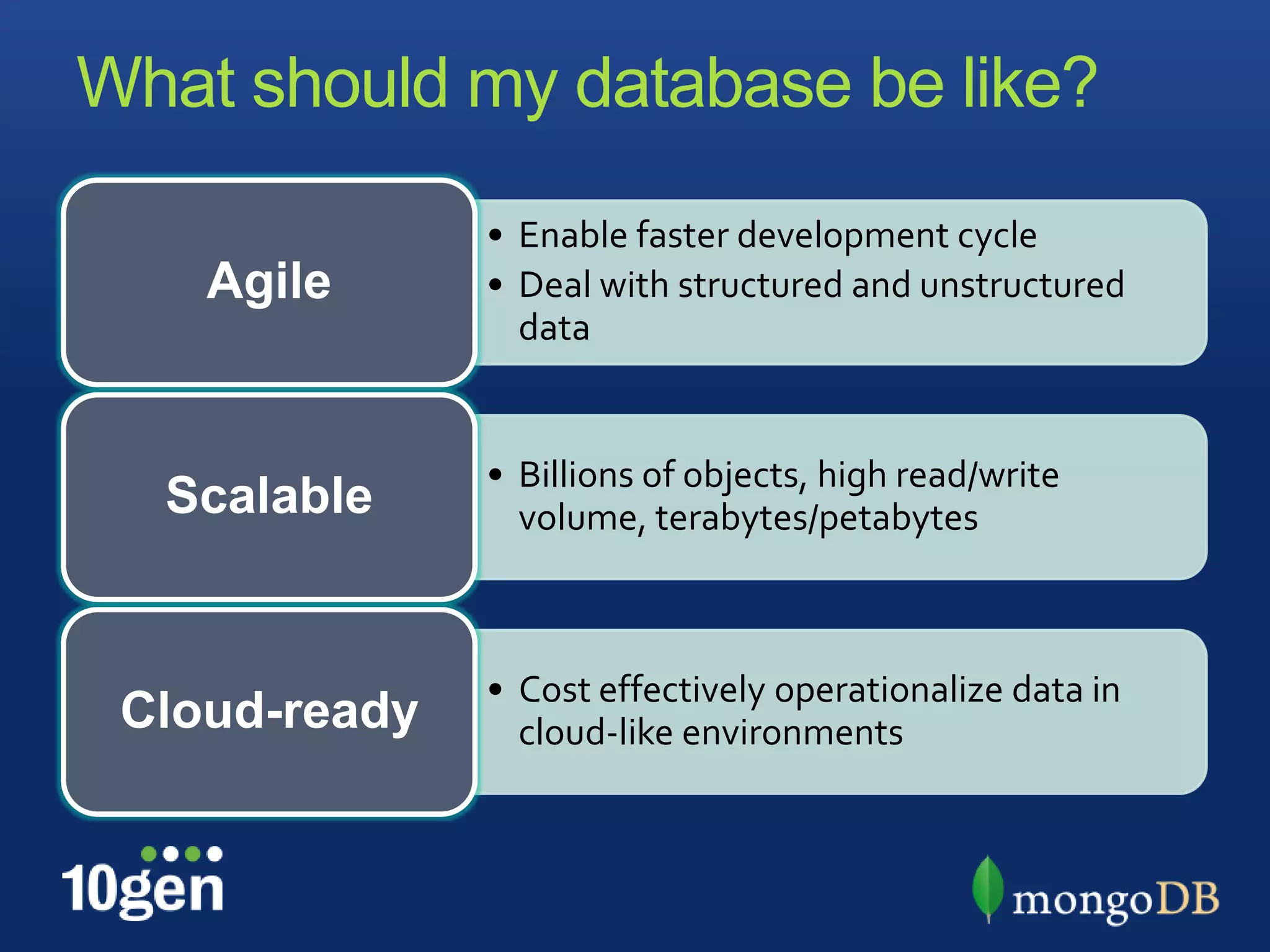 What should my database be like?
               • Enable faster development cycle
    Agile      • Deal with structured and unstructured
                 data


               • Billions of objects, high read/write
  Scalable       volume, terabytes/petabytes



               • Cost effectively operationalize data in
 Cloud-ready     cloud-like environments
 