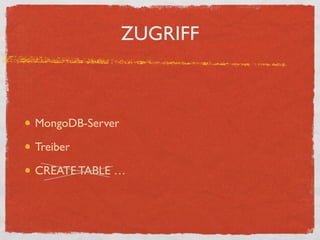 ZUGRIFF



MongoDB-Server

Treiber

CREATE TABLE …
 