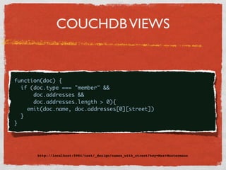 COUCHDBS STÄRKEN


Built for the Web – HTTP/JSON

  CouchApp

Versionierung

Views / Indizes / MapReduce

High Availability
 