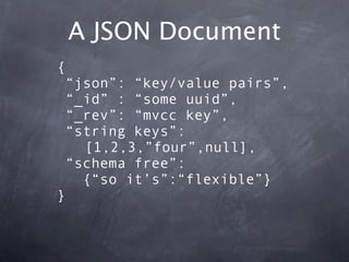A JSON Document
{
 “json”: “key/value pairs”,
 “_id” : “some uuid”,
 “_rev”: “mvcc key”,
 “string keys”:
   [1,2,3,”four”,null],
 “schema free”:
   {“so it’s”:“flexible”}
}
 