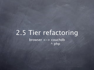 2.5 Tier refactoring
    browser <-> couchdb
               ^ php
 