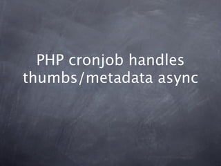 PHP cronjob handles
thumbs/metadata async
 