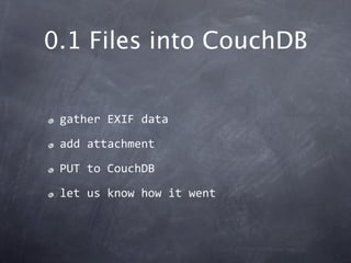 0.1 Files into CouchDB


 gather EXIF data

 add attachment

 PUT to CouchDB

 let us know how it went
 