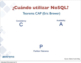 ¿Cuándo utilizar NoSQL?
                                 Teorema CAP (Eric Brewer)

                          Consistency                         Availability

                              C                                  A



                                               P
                                        Partition Tolerance


                                                                                               15
                                                                        Source: Nathan Hurst’s Blog

miércoles 25 de enero de 12
 