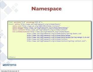 Namespace

           <?xml	
  version="1.0"	
  encoding="UTF-­‐8"?>
           <beans	
  xmlns="http://www.springframework.org/schema/beans"
           	
   xmlns:xsi="http://www.w3.org/2001/XMLSchema-­‐instance"	
  
           	
   xmlns:mongo="http://www.springframework.org/schema/data/mongo"
           	
   xmlns:context="http://www.springframework.org/schema/context"
           	
   xsi:schemaLocation="http://www.springframework.org/schema/beans	
  
                                 	
  	
  http://www.springframework.org/schema/beans/spring-­‐beans.xsd
           	
   	
     	
   	
   	
  	
  http://www.springframework.org/schema/data/mongo
           	
   	
     	
   	
   	
  	
  http://www.springframework.org/schema/data/mongo/spring-­‐mongo-­‐1.0.xsd
                	
     	
   	
   	
  	
  http://www.springframework.org/schema/context
           	
   	
     	
   	
   	
  	
  http://www.springframework.org/schema/context/spring-­‐context.xsd">




           </beans>



                                                                                                                 37


miércoles 25 de enero de 12
 