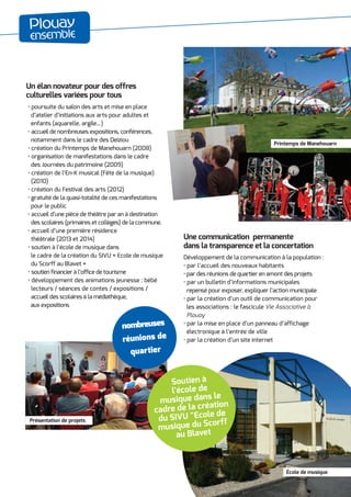 Plouay
ensemble
Un élan novateur pour des offres
culturelles variées pour tous
Développement de la communication à la population :
• par l’accueil des nouveaux habitants
• par des réunions de quartier en amont des projets
• par un bulletin d’informations municipales
repensé pour exposer, expliquer l’action municipale
• par la création d’un outil de communication pour
les associations : le fascicule Vie Associative à
Plouay
• par la mise en place d’un panneau d’affichage
électronique à l’entrée de ville
• par la création d’un site internet
Une communication permanente
dans la transparence et la concertation
• poursuite du salon des arts et mise en place
d’atelier d’initiations aux arts pour adultes et
enfants (aquarelle, argile…)
• accueil de nombreuses expositions, conférences,
notamment dans le cadre des Deiziou
• création du Printemps de Manehouarn (2008)
• organisation de manifestations dans le cadre
des Journées du patrimoine (2009)
• création de l’En-K musical (Fête de la musique)
(2010)
• création du Festival des arts (2012)
• gratuité de la quasi-totalité de ces manifestations
pour le public
• accueil d’une pièce de théâtre par an à destination
des scolaires (primaires et collèges) de la commune.
• accueil d’une première résidence
théâtrale (2013 et 2014)
• soutien à l’école de musique dans
le cadre de la création du SIVU « Ecole de musique
du Scorff au Blavet »
• soutien financier à l’office de tourisme
• développement des animations jeunesse : bébé
lecteurs / séances de contes / expositions /
accueil des scolaires à la médiathèque,
aux expositions
nombreuses
réunions de
quartier
Soutien à
l'école de
musique dans le
cadre de la création
du SIVU "Ecole de
musique du Scorff
au Blavet
Présentation de projets
Printemps de Manehouarn
École de musique
 