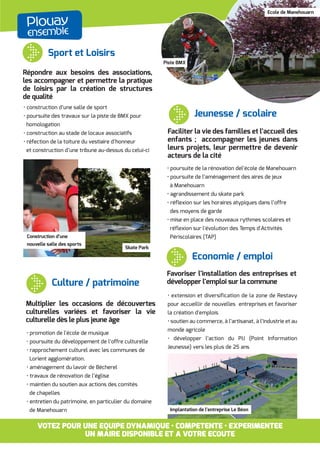 Plouay
ensemble
Jacques ROSELLIER Architecte d'interieur
Jean-François LAMOUR Architecte DPLG
105 rue de Larmor 56100 LORIENT
Tel : 02 97 21 54 78 Fax : 02 97 21 47 54
Maître d'ouvrage
PERMIS DE CONSTRUIRE
Date
19/12/2013
1
Le Béon manufacturing
7, Bd Louis-Nail
C.P.19-56326 LORIENT
Réalisation d'un ensemble de bâtiments industriels
ZI de Restavy, 56240 Plouay
Skate Park
VOTEZ POUR UNE EQUIPE DYNAMIQUE • COMPETENTE • EXPERIMENTEE
UN MAIRE DISPONIBLE ET A VOTRE ECOUTE
Sport et Loisirs
• construction d’une salle de sport
• poursuite des travaux sur la piste de BMX pour
homologation
• construction au stade de locaux associatifs
• réfection de la toiture du vestiaire d’honneur
et construction d’une tribune au-dessus du celui-ci
Répondre aux besoins des associations,
les accompagner et permettre la pratique
de loisirs par la création de structures
de qualité
Jeunesse / scolaire
• poursuite de la rénovation del’école de Manehouarn
• poursuite de l’aménagement des aires de jeux
à Manehouarn
• agrandissement du skate park
• réflexion sur les horaires atypiques dans l’offre
des moyens de garde
• mise en place des nouveaux rythmes scolaires et
réflexion sur l'évolution des Temps d'Activités
Périscolaires (TAP)
Faciliter la vie des familles et l’accueil des
enfants ; accompagner les jeunes dans
leurs projets, leur permettre de devenir
acteurs de la cité
Culture / patrimoine
• promotion de l'école de musique
• poursuite du développement de l’offre culturelle
• rapprochement culturel avec les communes de
Lorient agglomération.
• aménagement du lavoir de Bécherel
• travaux de rénovation de l’église
• maintien du soutien aux actions des comités
de chapelles
• entretien du patrimoine, en particulier du domaine
de Manehouarn
Multiplier les occasions de découvertes
culturelles variées et favoriser la vie
culturelle dès le plus jeune âge
Economie / emploi
• extension et diversification de la zone de Restavy
pour accueillir de nouvelles entreprises et favoriser
la création d'emplois
• soutien au commerce, à l’artisanat, à l’industrie et au
monde agricole
• développer l’action du PIJ (Point Information
Jeunesse) vers les plus de 25 ans
Favoriser l'installation des entreprises et
développer l'emploi sur la commune
Ecole de Manehouarn
Piste BMX
Implantation de l’entreprise Le Béon
Construction d’une
nouvelle salle des sports
 