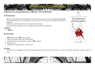 Le Festival de la gastronomie & de la Musique - Aix-en-Provence
La Problématique
Réunir l’ensemble des Chefs étoilés d’Aix-en-Provence autour d’une manifestation dédiée
à la Gastronomie et à la Musique au mois de Juin au Parc Jourdan pendant la fête de la
Musique.
Créer une identité produit et un imaginaire de marque
Concevoir des animations et une programmation musicale originale
Le Budget
•	 150 K€
Au programme
•	 35 Master-class - 30 Grands Chefs
•	 Cours de cuisine avec des Chefs Étoilés
•	 Programmation musicale et concerts - 90 musiciens
•	 3 Nocturnes
•	 Village de la gastronomie - Street Food
Les outils
Réflexion sur la stratégie de communication globale de l’événement à travers un plan pluri média: affichage, presse, radio, et
web
AIX-EN-PROVENCE
1ER
OPUSAIX-EN-PROVENCE
1ER
OPUS
AIX-EN-PROVENCE
1ER
OPUS
LE FESTIVAL
DES PLAISIRS GOURMANDS & DE LA MUSIQUE
19 21
JUIN
SYMPHONIES GOURMANDES
 