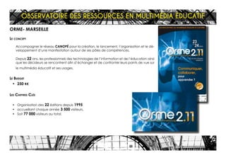 ORME- MARSEILLE
Le concept
Accompagner le réseau CANOPÉ pour la création, le lancement, l’organisation et le dé-
veloppement d’une manifestation autour de ses pôles de compétences.
Depuis 22 ans, les professionnels des technologies de l’information et de l’éducation ainsi
que les décideurs se rencontrent afin d’échanger et de confronter leurs points de vue sur
le multimédia éducatif et ses usages.
Le Budget
•	 250 K€
Les Chiffres Clés
•	 Organisation des 22 éditions depuis 1995
•	 accueillant chaque année 3 500 visiteurs,
•	 Soit 77 000 visiteurs au total.
OBSERVATOIRE DES RESSOURCES EN MULTIMÉDIA ÉDUCATIF
 