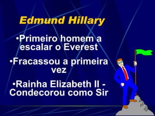 Primeiro homem a escalar o Everest Fracassou a primeira vez Rainha Elizabeth II - Condecorou como Sir Edmund Hillary 