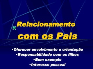 Relacionamento   com os Pais Oferecer envolvimento e orientação Responsabilidade com os filhos Bom exemplo Interesse pessoal 