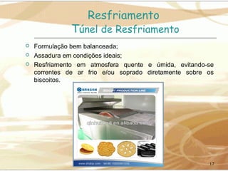 Resfriamento

Túnel de Resfriamento




Formulação bem balanceada;
Assadura em condições ideais;
Resfriamento em atmosfera quente e úmida, evitando-se
correntes de ar frio e/ou soprado diretamente sobre os
biscoitos.

17

 