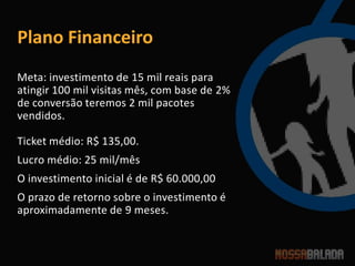 Plano Financeiro
Meta: investimento de 15 mil reais para
atingir 100 mil visitas mês, com base de 2%
de conversão teremos 2 mil pacotes
vendidos.

Ticket médio: R$ 135,00.
Lucro médio: 25 mil/mês
O investimento inicial é de R$ 60.000,00
O prazo de retorno sobre o investimento é
aproximadamente de 9 meses.
 