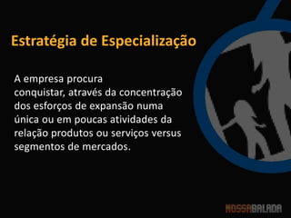 Estratégia de Especialização

A empresa procura
conquistar, através da concentração
dos esforços de expansão numa
única ou em poucas atividades da
relação produtos ou serviços versus
segmentos de mercados.
 