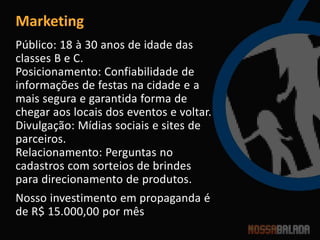 Marketing
Público: 18 à 30 anos de idade das
classes B e C.
Posicionamento: Confiabilidade de
informações de festas na cidade e a
mais segura e garantida forma de
chegar aos locais dos eventos e voltar.
Divulgação: Mídias sociais e sites de
parceiros.
Relacionamento: Perguntas no
cadastros com sorteios de brindes
para direcionamento de produtos.
Nosso investimento em propaganda é
de R$ 15.000,00 por mês
 